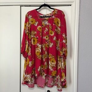 JODIFL Pink Yellow Floral Print Tunic Top Blouse Size L‎